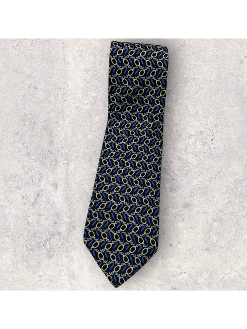 BROOKS BROTHERS Silk Tie USA Navy Blue Yellow Chain W:3.7" EUC